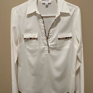 Calvin Klein Cream Long Sleeve Ruched Blouse